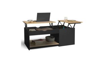 Table basse Elina double plateau relevable et coffre noire et bois