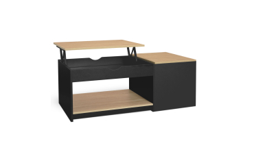 Table basse Elina double plateau relevable et coffre noire et bois