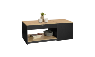 Table basse Elina double plateau relevable et coffre noire et bois