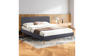 Lit Evy 160x200cm tissu gris pieds bois