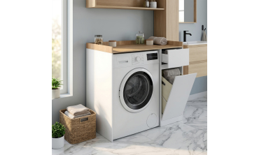 Meuble machine à laver Will panier à linge intégré blanc et bois