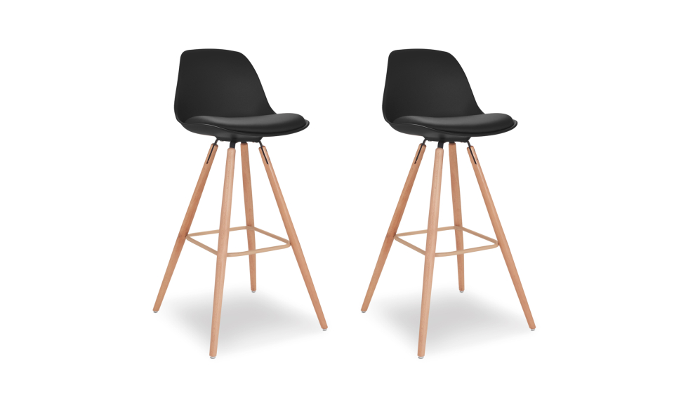 Tabourets de bar Oslo noirs pieds bois - lot de 2