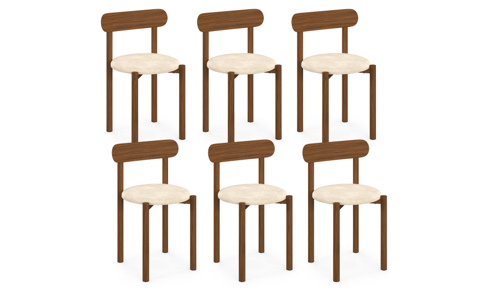 Chaises Kathy velours crème pieds effet noyer - lot de 6