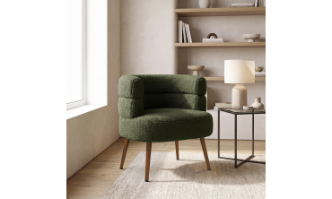 Fauteuil Janice bouclette verte pieds effet noyer