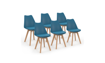 Chaises Nordia bleu canard pieds bois - lot de 6