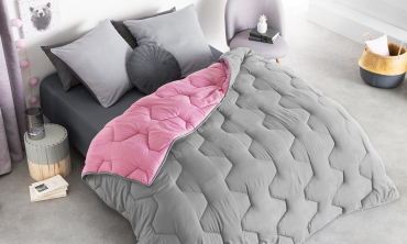 Couette chaude réversible bicolore rose et gris 220x240cm - microfibres 300 g/m2