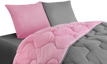 Couette chaude réversible bicolore rose et gris 220x240cm - microfibres 300 g/m2 + 2 oreillers mi-ferme