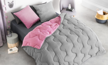 Couette chaude réversible bicolore rose et gris 200x200cm - microfibres 300 g/m2 + 2 oreillers