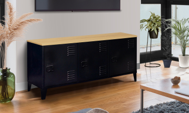 Meuble TV Storen 3 portes en métal noir et plateau bois L113cm