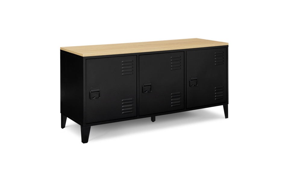 Meuble TV Storen 3 portes en métal noir et plateau bois L113cm