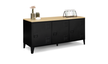 Meuble TV Storen 3 portes en métal noir et plateau bois L113cm