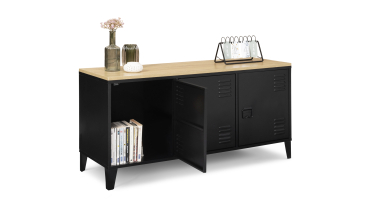 Meuble TV Storen 3 portes en métal noir et plateau bois L113cm