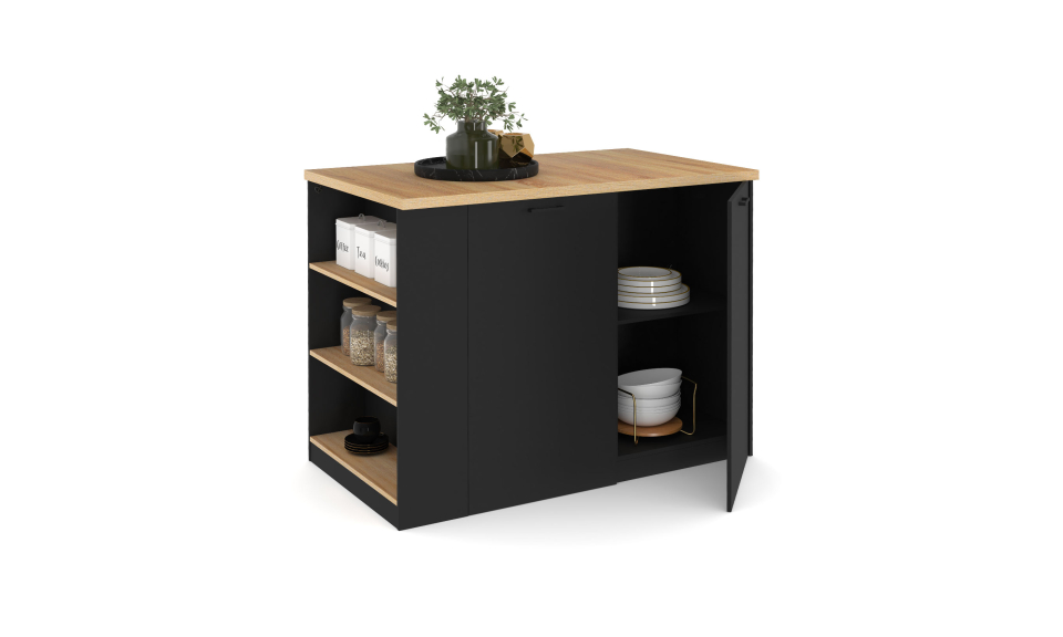 Ilot de cuisine Dario bois et noir avec rangements