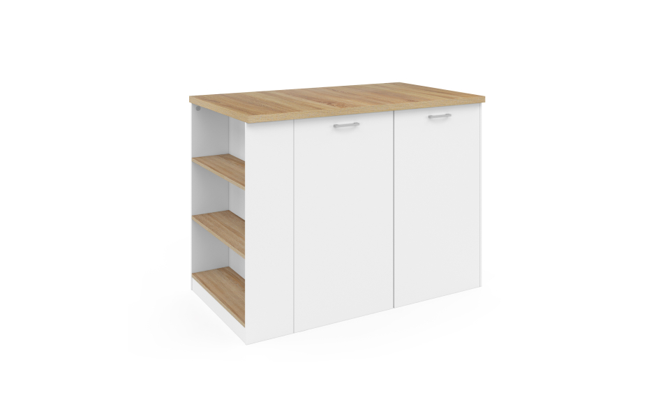 Ilot de cuisine Dario bois et blanc avec rangements