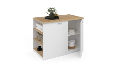 Ilot de cuisine Dario bois et blanc avec rangements