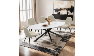 Table à manger ovale Céleste effet marbre blanc et noir 200cm