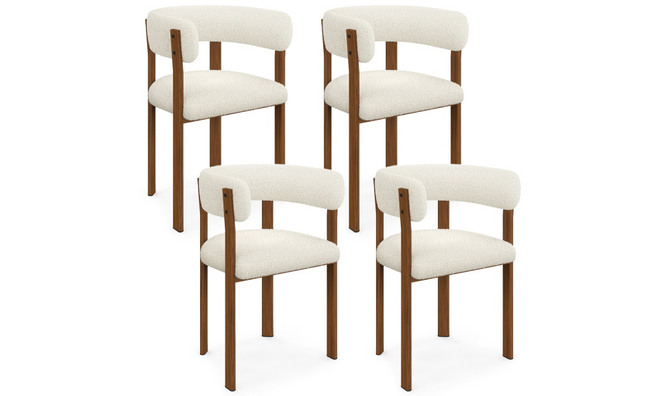 Chaises Ilona avec accoudoirs bouclette crème pieds effet noyer - lot de 4