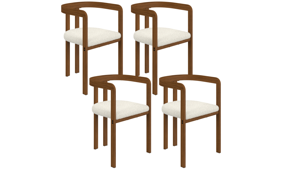 Chaises Elisa bouclette blanche pieds effet noyer - lot de 4