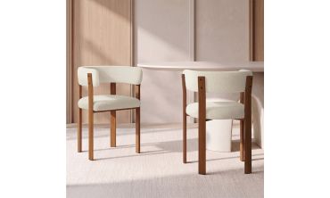 Chaises Ilona avec accoudoirs bouclette crème pieds effet noyer - lot de 4