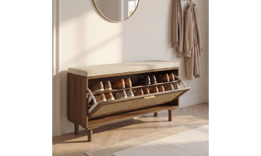 Banc d'entrée Norma range chaussures effet noyer cannage