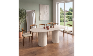 Table à manger extensible Albane 2 pieds pylône effet travertin 160-200cm