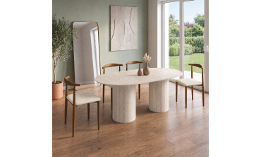 Table à manger extensible Albane 2 pieds pylône effet travertin 160-200cm